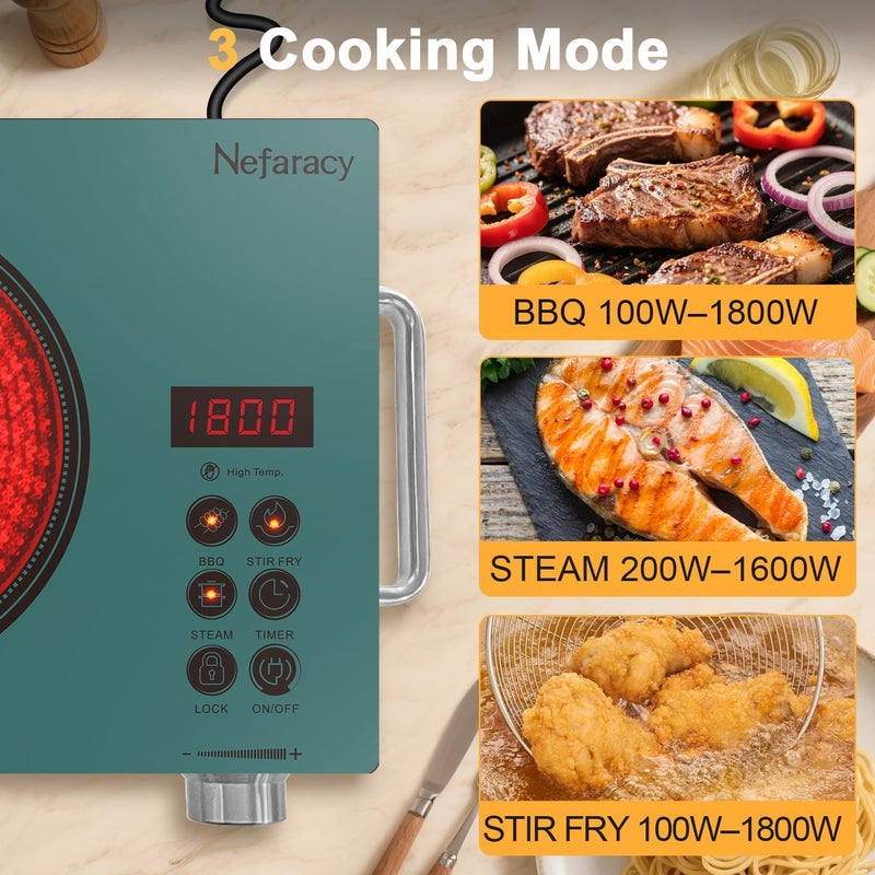 Nefaracy موقد كهربائي بموقد واحد 1800 واط، موقد كهربائي بموقد واحد 110 فولت، موقد كهربائي على السطح مع مقبض وتحكم باللمس، مؤقت 180 دقيقة، 3 أوضاع طهي وقفل أمان، قابس 110 فولت (أخضر) - Image 4